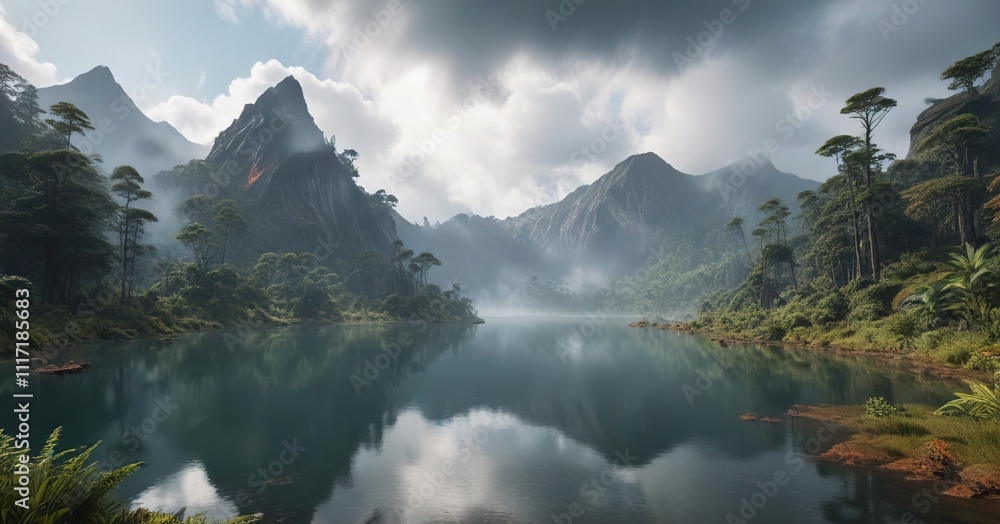 Fototapeta premium Misty cloud forest with a volcanic lake in the foreground, tropical environment, scenery, lake