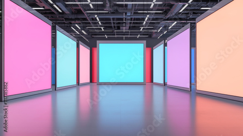Modern exhibition space featuring vibrant, colorful digital screens and sleek design.