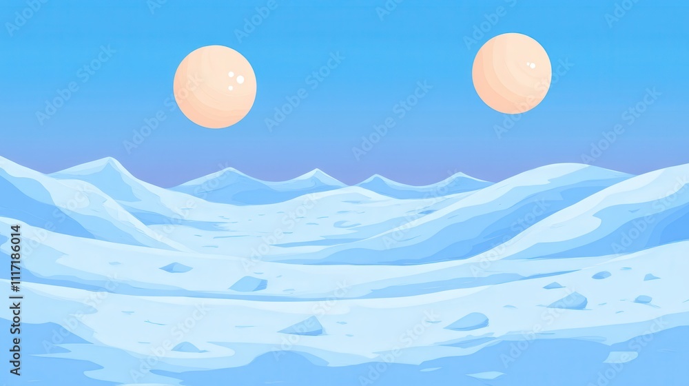 Futuristic icy landscape with two moons in pastel colors. Futuristic icy landscape with two moons in pastel colors.