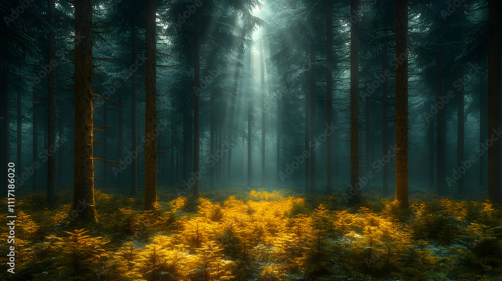 Obraz premium Sunbeams illuminate a mystical forest path.