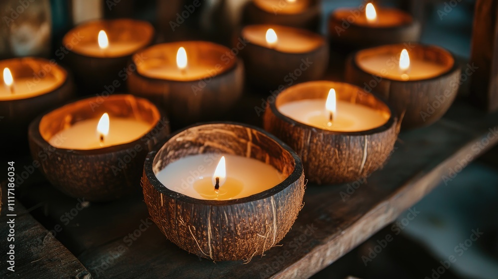 Natural Coconut Shell Candles with Warm Flickering Flame Decor Natural Coconut Shell Candles with Warm Flickering Flame Decor