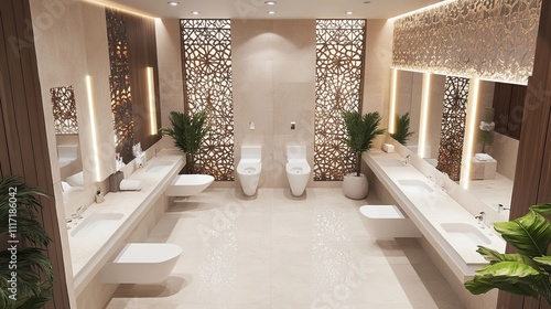 Luxurious modern restroom interior design with elegant sinks, toilets, and patterned dividers.