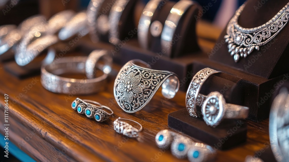 Exquisite Silver Jewelry Display with Intricate Design Elements Exquisite Silver Jewelry Display with Intricate Design Elements