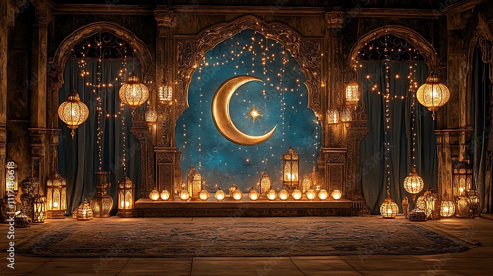Obraz premium Ramadan ambiance crescent moon, lanterns, arches, and starry night.