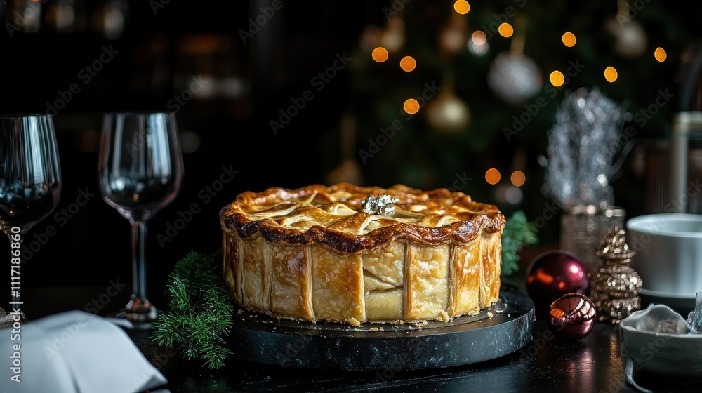 Festive Holiday Pie on a Table with Christmas Decorations and Lights Festive Holiday Pie on a Table with Christmas Decorations and Lights