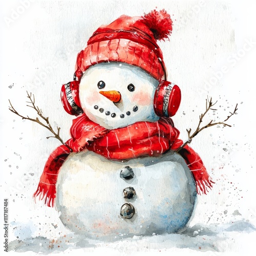 Watercolor painting of a snowman with a red scarf and earmuffs, on isolated white background