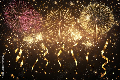 Festive Fireworks Display With Golden Confetti Ribbons photo