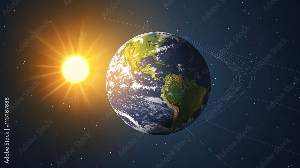 Fototapeta premium Earth axis diagram illustration showing the tilt of the Earth's rotational axis relative to its orbital plane, explaining the cause of seasonal changes and the distribution of sunlight.