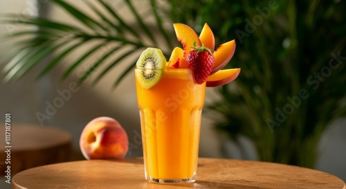 Tropical Peach Juice with Artistic Fruit Garnish