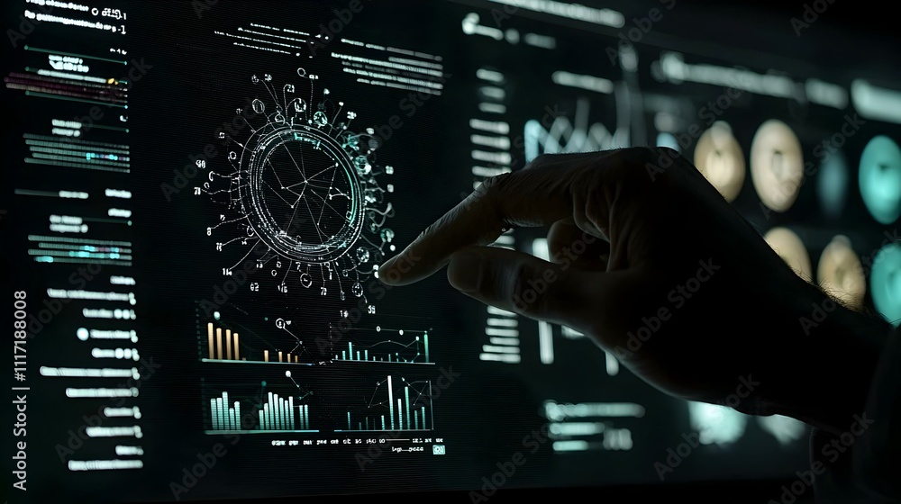 Fototapeta premium Hand interacting with futuristic data visualization on a dark screen. Image depicts advanced technology, data analysis, and digital interface.