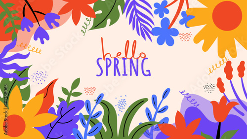 Hello spring banner vector illustration. Colorful spring season background template
