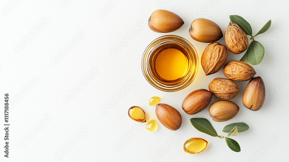 Argan Oil Nuts Oil Capsules Leaves White Background Argan Oil Nuts Oil Capsules Leaves White Background
