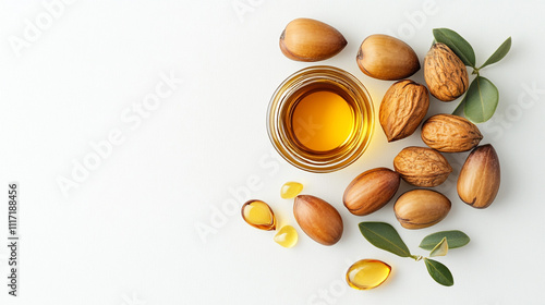 Argan Oil  Nuts  Oil  Capsules  Leaves  White Background
