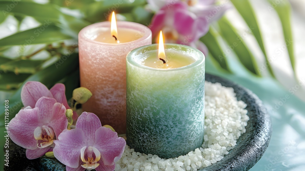 Floral-scented candles in spa setting Floral-scented candles in spa setting