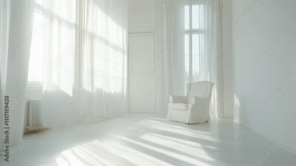 Fototapeta premium Sunlit White Room Interior with Armchair and Sheer Curtains