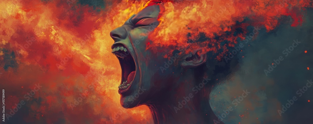 A surreal depiction of a person screaming with fiery elements symbolizing intense emotion. A surreal depiction of a person screaming with fiery elements symbolizing intense emotion.