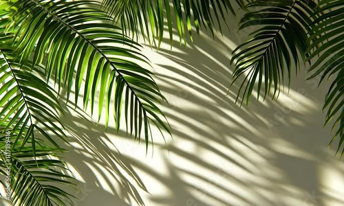 A close-up of green palm leaves casting shadows on a light wall, creating a serene and tropical atmosphere.