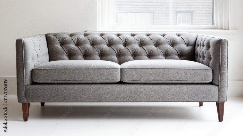 Fototapeta premium Elegant Gray Tufted Couch with Wooden Legs in Bright Room