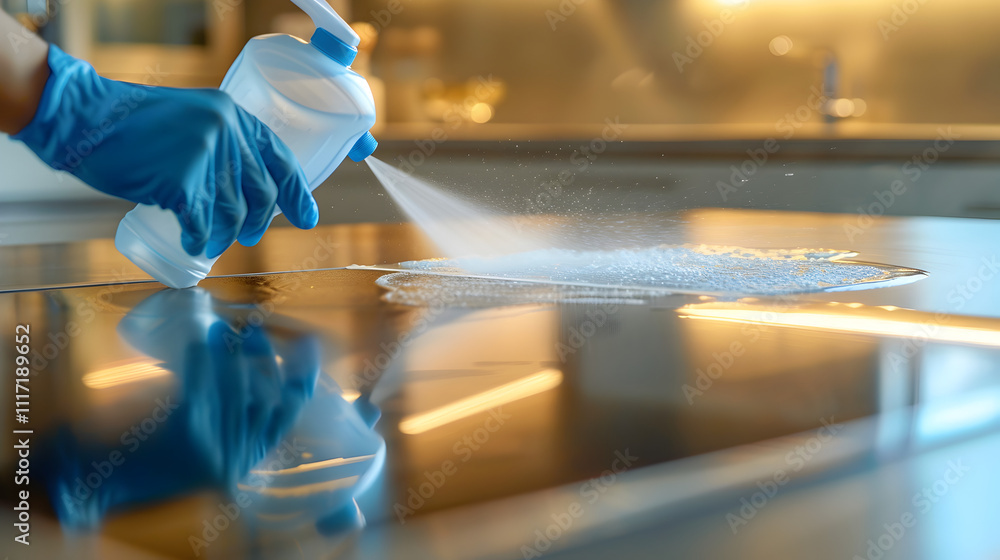 A person is cleaning a counter with a spray bottle. The spray bottle is blue and has a blue cap A person is cleaning a counter with a spray bottle. The spray bottle is blue and has a blue cap