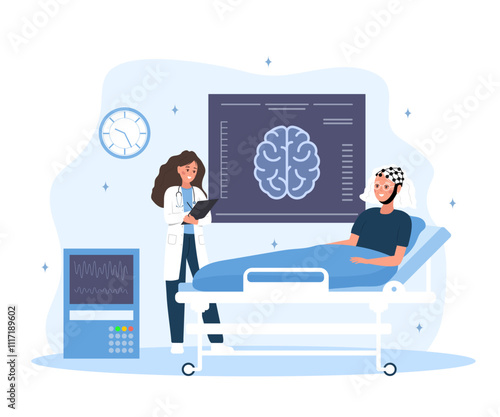 Neurologist concept. Female doctor examine MRI scan. Neurology disease diagnostics. Vector illustration in flat cartoon style.