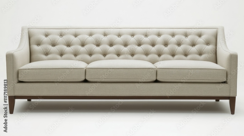 Elegant tufted sofa with neutral fabric and wooden legs Elegant tufted sofa with neutral fabric and wooden legs