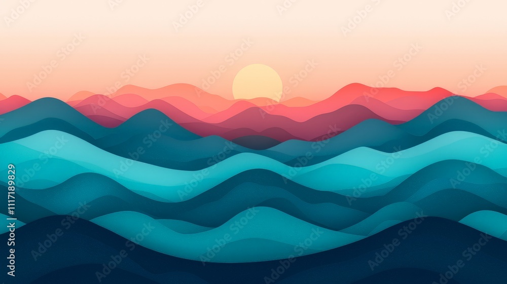 Abstract sunset landscape with layered mountains and ocean waves in vibrant colors. Abstract sunset landscape with layered mountains and ocean waves in vibrant colors.