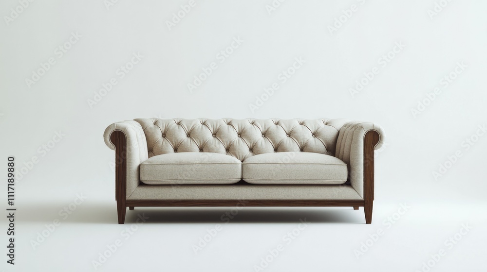 Elegant tufted sofa with wooden legs against a minimalistic backdrop Elegant tufted sofa with wooden legs against a minimalistic backdrop