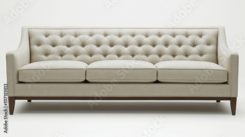Elegant tufted sofa with neutral fabric and wooden legs
