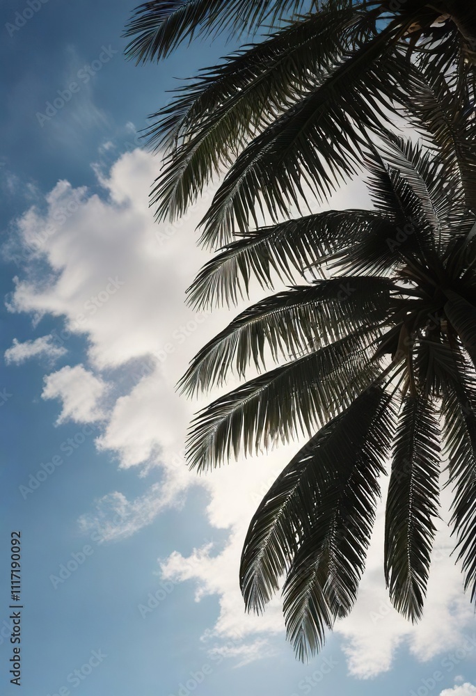 Fototapeta premium Palm Tree and Coconut Leaf Silhouette against a Summer Sky, warmth, beach, summer sky