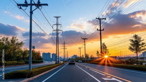 Scenic Roadway with Power Lines at Sunset