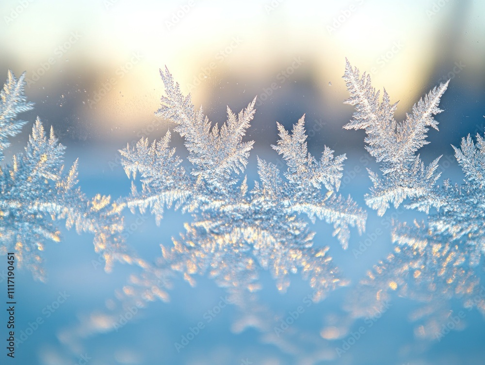 Intricate frost patterns on glass with blurred winter background Intricate frost patterns on glass with blurred winter background