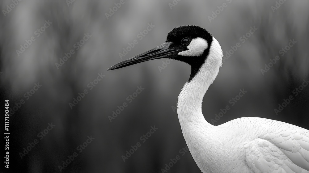 Obraz premium Close-up monochrome portrait of a white crane with a black head and beak, set against a blurred background.