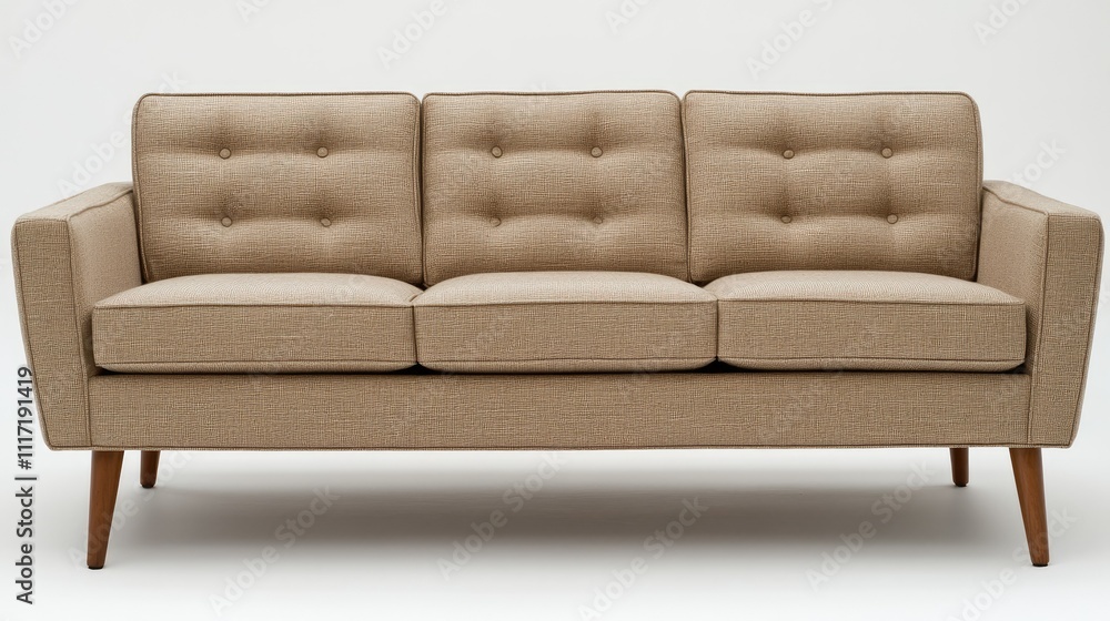 Elegant Mid-Century Modern Sofa with Neutral Fabric and Tufted Design Elegant Mid-Century Modern Sofa with Neutral Fabric and Tufted Design