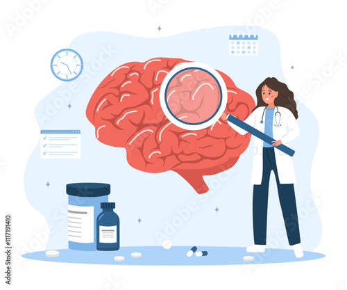 Neurologist concept. Woman in medical uniform with magnifying glass analyzes internal organ. Research scientist. Vector illustration in flat cartoon style.