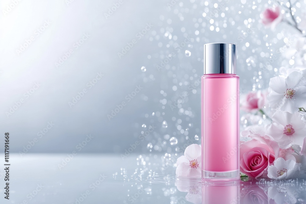 Fresh Pink Roses and White Flowers Framing a Beauty Product on Shimmering Water, mockup Product Skincare and Cosmetic Fresh Pink Roses and White Flowers Framing a Beauty Product on Shimmering Water, mockup Product Skincare and Cosmetic