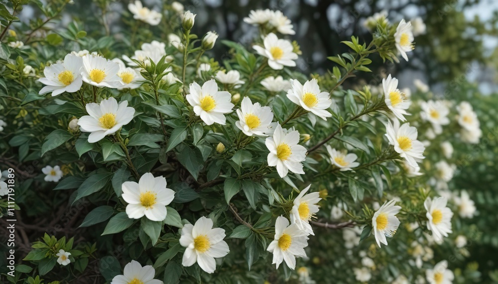 Dense foliage of silvery-green leaves on a thorny shrub with white or yellow flowers blooming in spring, wormwood, mugwort