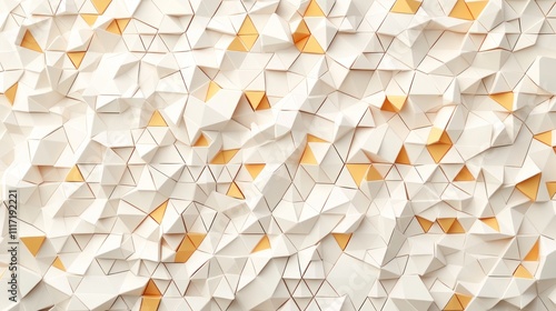 Abstract geometric wall design with triangular patterns in white and orange hues.