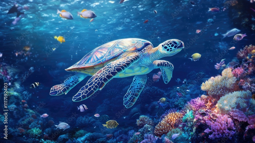 Obraz premium Colorful Sea Turtle Swimming in Vibrant Coral Reef Underwater