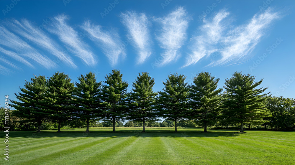Six pine trees line a manicured lawn under a vibrant blue sky with streaked clouds. Six pine trees line a manicured lawn under a vibrant blue sky with streaked clouds.