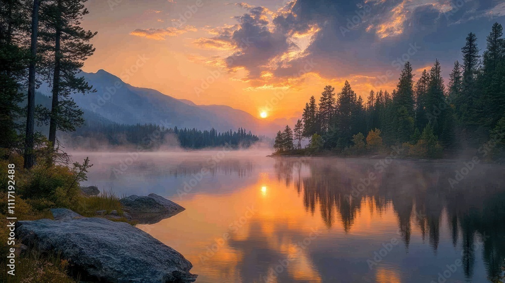 Fototapeta premium Scenic sunrise over misty lake with mountains and pine forest reflection