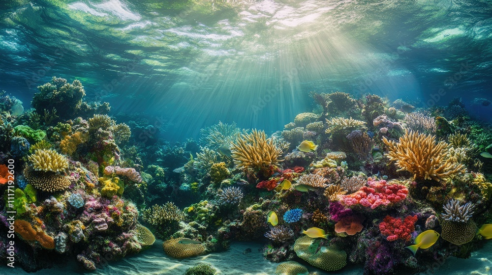 Fototapeta premium Underwater Coral Reef with Diverse Marine Life and Sunlight Beams