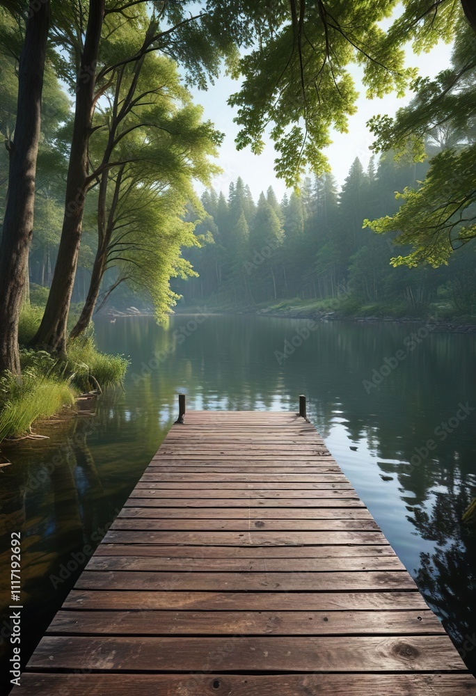 Quiet lake surrounded by tall trees and a wooden dock, still water, serene environment, nature's calmness Quiet lake surrounded by tall trees and a wooden dock, still water, serene environment, nature's calmness