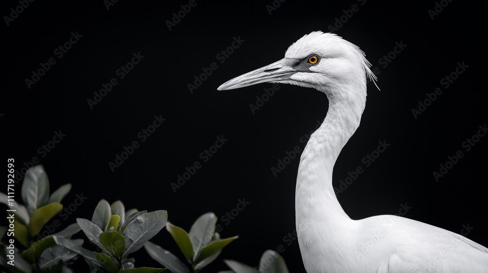 Elegant white heron profile against black background, green foliage. Elegant white heron profile against black background, green foliage.