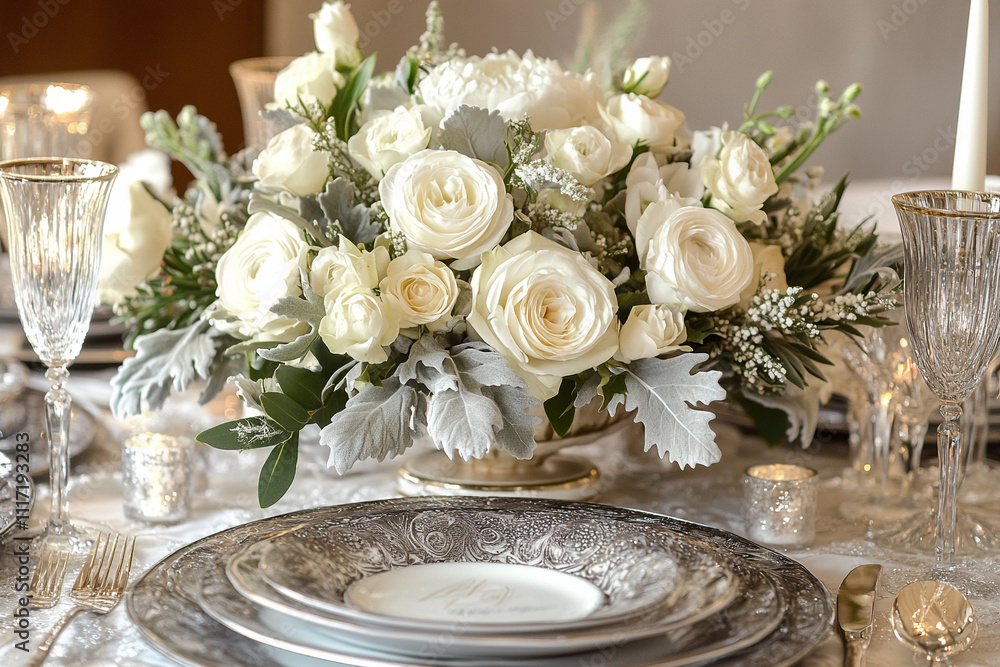 Elegant white floral centerpiece on a formal dining table, winter brunch setting Elegant white floral centerpiece on a formal dining table, winter brunch setting