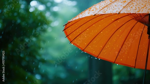 An orange umbrella shields against rain in a lush, green environment.