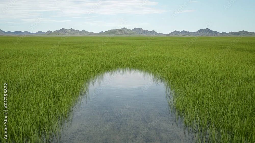 Lush green paddy field with a calm pool reflecting the sky and distant mountains. Lush green paddy field with a calm pool reflecting the sky and distant mountains.