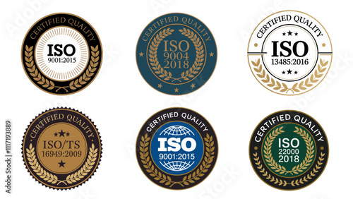 set of badges ISO 9001, 9004, 13485, 16949, 22000 Certified Quality Seal Design
