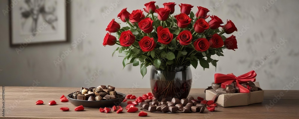 Fototapeta premium Red roses and chocolates in a vase on a table, dessert, vases