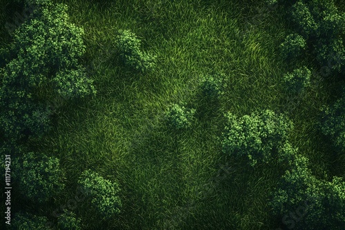 Aerial view of lush green grass and trees, creating a serene natural landscape.