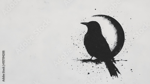 Monochrome illustration of a crow perched near a crescent moon, rendered in a minimalist style with ink splatters. photo